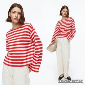 H&M Boxy Sweater Red White Stripe Long Sleeve Jersey Cotton Women’s Size Medium